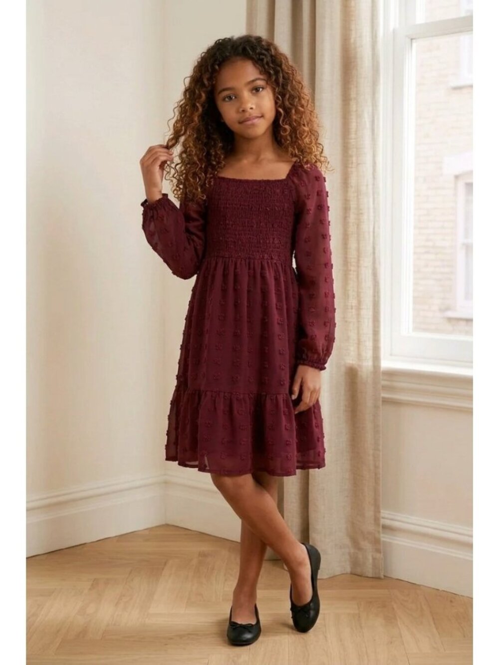 Wild Daisy Girls' Dobby Spot Smocked Dress